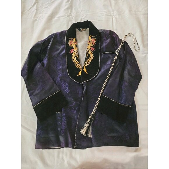Vintage 1950's  Purple & Black Dragon Embroidered Smoking Jacket Silk Size Small - Picture 1 of 14